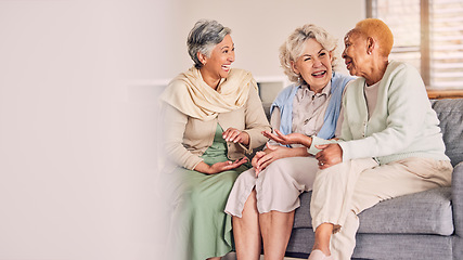 Image showing Couch, friends and senior women in conversation in a living room together talking, laughing and bonding on retirement. Happy, funny and elderly people talking in discussion with happiness on a sofa