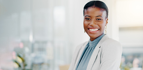 Image showing Face, business and black woman with smile, success and confident ceo in workplace, advertising agency and startup company. Portrait, African female employee and manager with happiness and motivation