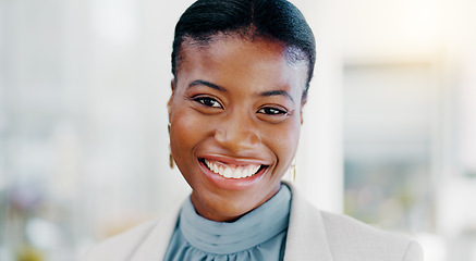 Image showing Face, business and black woman with smile, success and confident ceo in workplace, advertising agency and startup company. Portrait, African female employee and manager with happiness and motivation