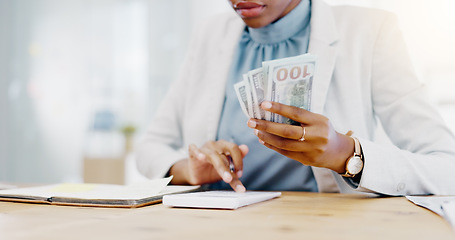 Image showing Black woman, calculator and money in business finance for budget, costs or expenses at the office desk. Hands of African female accountant counting and calculating cash on table for company profit