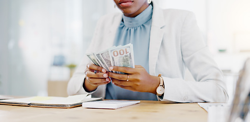 Image showing Black woman, calculator and money in business finance for budget, costs or expenses at the office desk. Hands of African female accountant counting and calculating cash on table for company profit