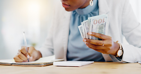 Image showing Black woman, calculator and money in business finance for budget, costs or expenses at the office desk. Hands of African female accountant counting and calculating cash on table for company profit