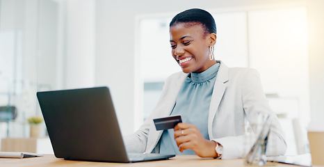 Image showing Ecommerce, online shopping and black woman with credit card, laptop and smile for discount with fintech. Computer, banking and African person making web payment or surfing internet website for sale.