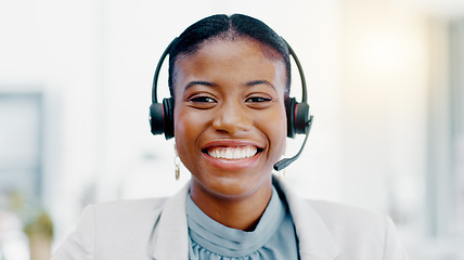 Image showing Black woman, call center and face with smile consulting in telemarketing, customer service or support. Portrait of happy African female consultant agent with headset for help, advice or communication