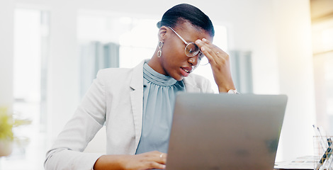 Image showing Business, headache and black woman with stress, burnout and overworked in workplace, depression and laptop. African American female employee, worker and manager with migraine, device and fatigue