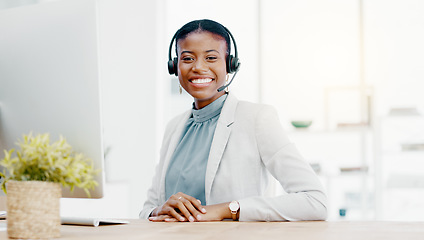 Image showing Black woman, call center and smile on computer in telemarketing, customer service or support. Portrait of happy African American female consultant agent with headset for help or advice at office desk