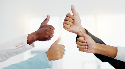 Image showing Business people, hands and thumbs up in teamwork success, good job or agreement at the office. Hand of group showing thumb emoji, yes sign or like gesture together in unity, trust or collaboration