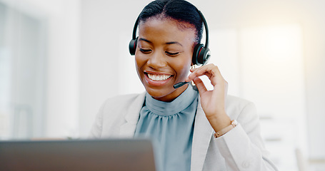 Image showing Black woman, call center and consulting on laptop for telemarketing, customer service or desktop support. Friendly African female consultant talking on headset for help, advice or communication