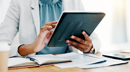 Image showing Black woman, tablet and smile for social media, browsing or business research at the office desk. Happy African female working on touchscreen scrolling and smiling for networking or digital marketing