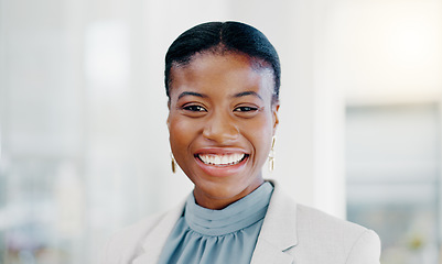 Image showing Face, business and black woman with smile, success and confident ceo in workplace, advertising agency and startup company. Portrait, African female employee and manager with happiness and motivation