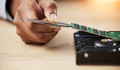 Image showing Motherboard, microchip and engineer hands closeup with electric maintenance of circuit board. Tweezer, IT and dashboard for electrical hardware update and technician tools for information technology