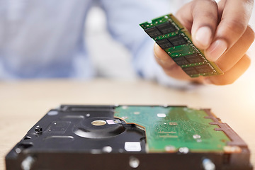 Image showing Motherboard, microchip and engineering hand closeup with electric maintenance of circuit board. Developer, IT and dashboard for electrical hardware update and technician with information technology