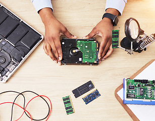 Image showing Motherboard, microchip and hands from above with electric maintenance of circuit board. Developer, IT and dashboard for electrical hardware update and technician tools for information technology