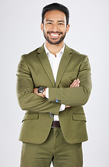 Image showing Business man, arms crossed and entrepreneur portrait with work confidence and smile in a studio. Happy, success and male professional with job pride and employee with a white background and a worker