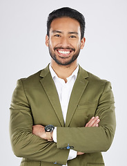 Image showing Business man, arms crossed and work portrait with career confidence and smile in studio. Happy, expert and male professional with corporate job pride and employee with white background and a worker