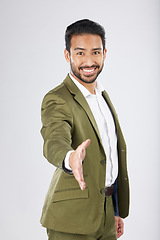 Image showing Business man, handshake and offer for interview, introduction and welcome to deal, success or thank you in studio. Professional person shaking hands in POV meeting and portrait on a white background