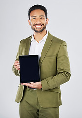 Image showing Happy asian man, portrait and tablet mockup in advertising against a white studio background. Businessman with technology display or screen in marketing, advertisement or branding on mock up space