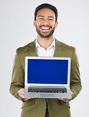 Image showing Laptop screen, mockup and portrait of business man in studio for social media, communication and ux. Website, research and logo with employee on white background for email, online and internet