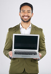 Image showing Laptop screen, space and portrait of business man in studio for social media, communication and ux. Website, research and logo with employee on white background for email, online and internet mockup