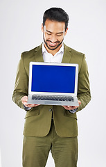 Image showing Laptop screen, mockup and search with business man in studio for social media, communication and ux. Website, research and logo with employee on white background for email, online and internet
