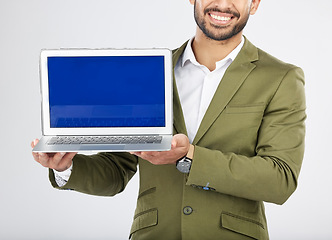 Image showing Laptop screen, mockup and hands of business person in studio for social media, communication and ux. Website, research and logo with closeup of employee on white background for email and internet