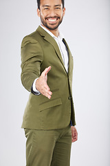 Image showing Business man, handshake and offer for introduction, partnership and financial deal, success or welcome in studio. Professional person shaking hands in POV meeting and portrait on a white background