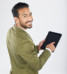 Image showing Search, tablet and portrait of businessman with technology with internet isolated in a studio white background. Online, planning and young person or employee working on connection or networking