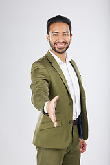 Image showing Business man, shaking hands or offer in introduction, partnership and financial deal, success or welcome in studio. Professional person with handshake, POV meeting and portrait on a white background