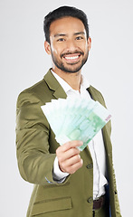 Image showing Business man, offer and money for financial success, bonus and investment, profit or loan on a white background. Professional asian person or winner in portrait for savings, cash or lottery in studio