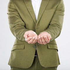 Image showing Ask, open and hands of business man in studio for charity, begging for support and help. Professional, corporate and person with gesture for donation, financial aid and investment on white background