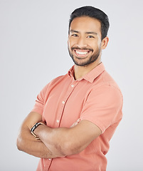 Image showing Happy, crossed arms and portrait of Asian man in studio smile for career, work and job opportunity. Confidence, professional male and isolated business person in casual style on white background