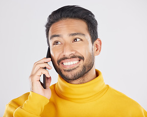 Image showing Phone call, happy and face of man in studio for conversation, chatting and communication. Networking, mockup and isolated person on smartphone for talking, speaking and contact on white background