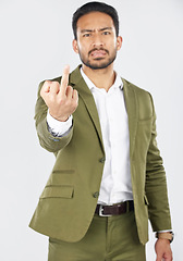 Image showing Business man, middle finger and portrait with angry, conflict and emoji hand sign in studio. Professional, worker and hate with a white background and frustrated with rude and rejection gesture