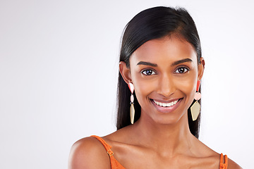 Image showing Beauty, studio mockup and portrait of happy woman with aesthetic makeup, natural skincare glow or advertising space. Cosmetic wellness, face and person smile for collagen shine on white background