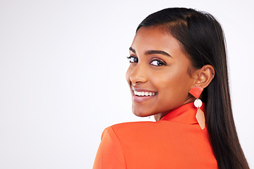 Image showing Fashion face, happy and woman in suit in studio isolated on white background mockup space. Portrait smile, style and confident Indian model in formal clothes for party, luxury event and aesthetic