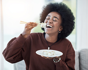 Image showing Happy, eating and black woman with sushi and chopsticks for salmon, seafood and healthy dinner in home with ecommerce. Fish, dish and person excited for food delivery and smile on face for lunch