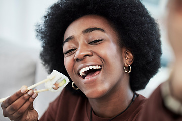 Image showing Sushi, seafood and portrait with selfie of black woman at home for brunch, Japanese cuisine and social media. Profile picture and health with face of customer for nutrition, diet and fine dining