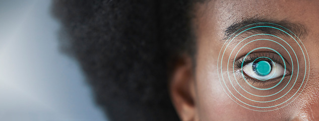 Image showing Black woman, eye scan and futuristic biometric in verification, identification or access on banner. Closeup of African female person looking in facial recognition, optical scanning or cyber security