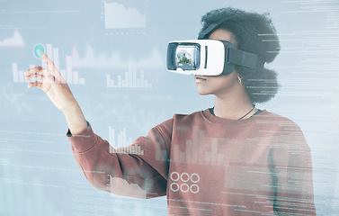 Image showing Virtual reality, hologram statistics and woman in studio with user interface, metaverse and data analytics. Technology, futuristic media and person with VR glasses for research, networking and graphs