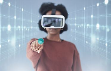 Image showing Virtual reality, hologram and woman in studio for biometrics, metaverse and data analytics. Cybersecurity, futuristic technology and person with VR glasses for research, networking and software ux