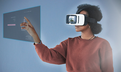 Image showing Virtual reality, digital hologram and woman in studio with user interface, metaverse and cyberspace screen. Technology, futuristic media and person with VR glasses for data, networking and innovation