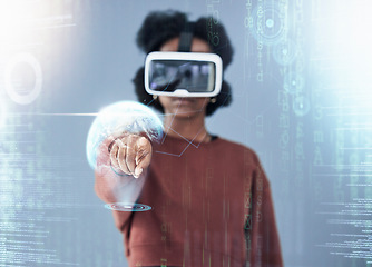 Image showing Black woman, VR and hand on hologram in global communication, interaction or UI and UX on overlay. African female person in virtual reality, futuristic dashboard or 3D innovation in double exposure
