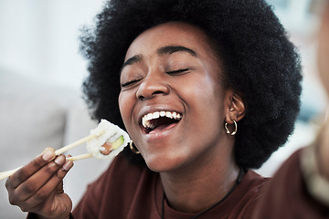 Image showing Sushi, seafood and restaurant with selfie of black woman at home for brunch, Japanese cuisine and social media. Profile picture and health with face of customer for nutrition, diet and fine dining