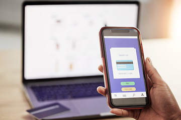 Image showing Person, phone and hand with credit card on website in online shopping, payment or transaction at office. Closeup of shopper with debit on mobile smartphone app in ecommerce, buying or banking on desk