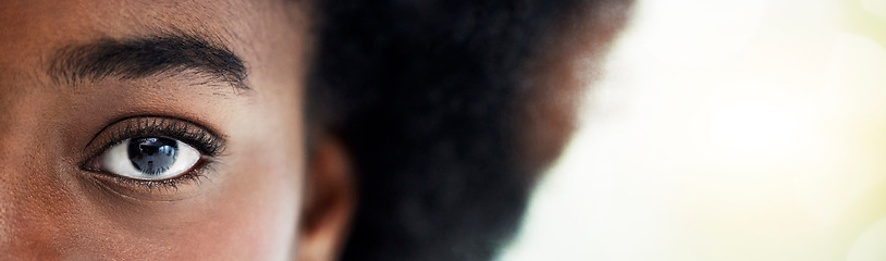 Image showing Eyes, mockup and portrait of African woman with copy space for focus, thinking and vision. Banner, lens flare and closeup of half face of person looking for perception, awareness and intense stare