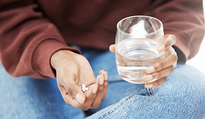 Image showing Closeup, water and woman with tablets, medicine and nutrition supplements with vitamins, care and health. Zoom, person and girl with a glass, pills and medication for virus with treatment and illness