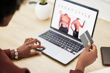 Image showing Woman, hands and laptop with credit card in online shopping, payment or banking on fashion at office. Closeup of female person with debit on computer in ecommerce, buying or fintech at the workplace