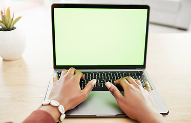 Image showing Laptop, mockup and hands of woman in home office for remote work, internet or search from above. Space, screen and keyboard with freelance female influencer for social media, blog or podcast startup