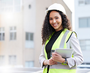 Image showing Engineer, tablet and portrait of a woman outdoor for construction, development or planning. Happy technician person with technology in a city for project management, maintenance and inspection app