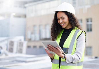 Image showing Engineering, tablet and a woman outdoor for planning, search or communication for project. Female engineer with technology in a city for construction, management or app for maintenance and inspection